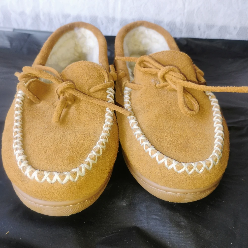 Minnetonka Brown Suede Moccasins with White Trim